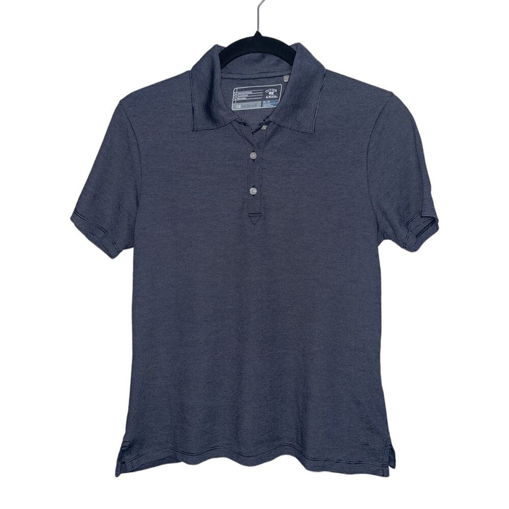 CUTTER & BUCK Stretch Polo Woman’s size XS pinstriped navy blue & white
